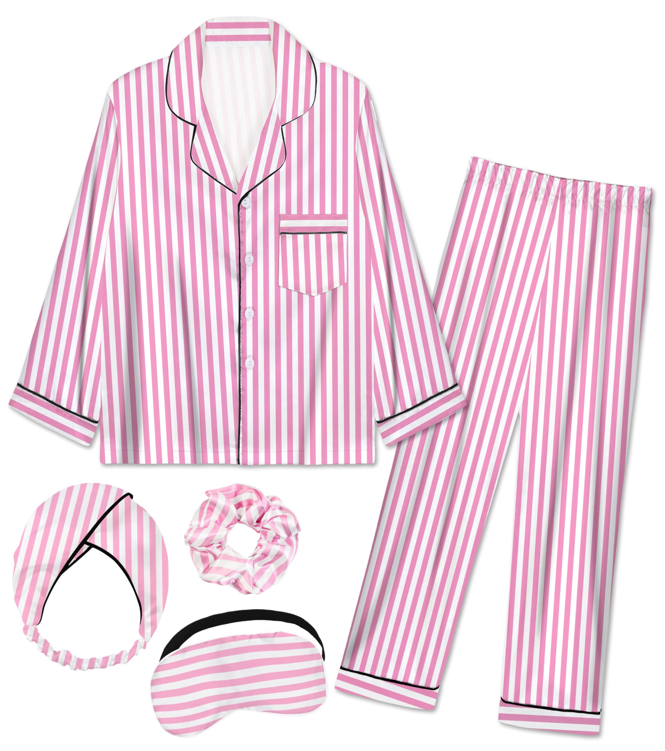 EPLAZA Kids Satin Pajamas Sets Girls Boys Button-Down Silky Pajamas Sleepwear with Hairband Eye Mask Hair Tie