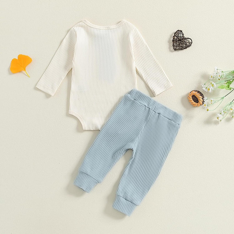 fhutpw Baby Boy Clothes 3 6 12 18 Months Ribbed Knitted Long Sleeve Romper and Pants Sets Newborn Fall Splicing Color Outfits