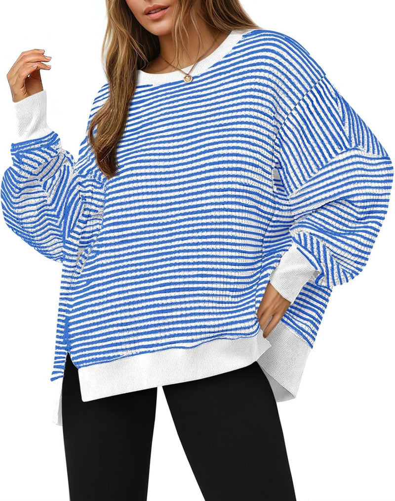 Fisoew Women's Fall Oversized Sweatshirt Casual Waffle Knit Long Sleeve Crewneck Split Pullover Tunic Tops-40