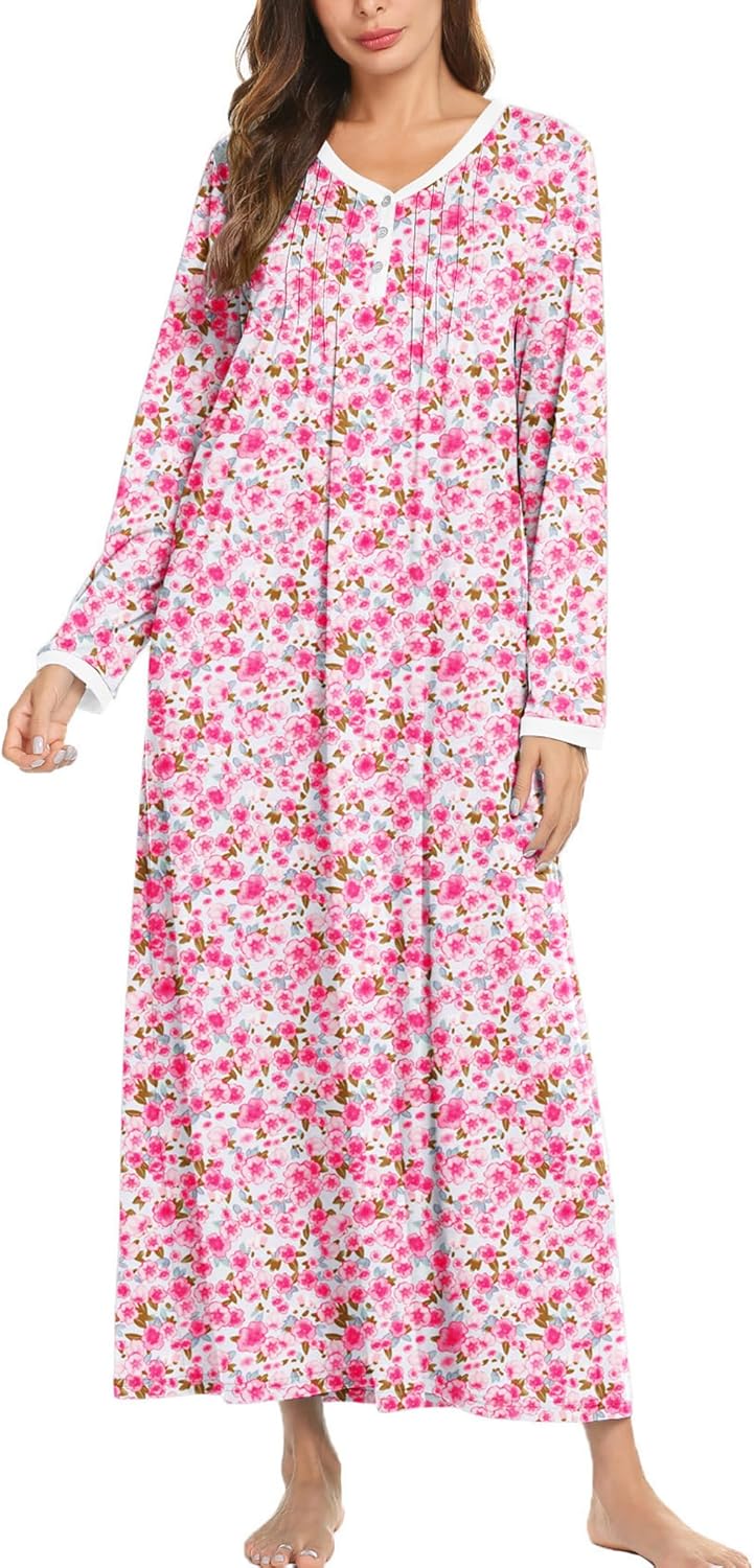 Ekouaer Women's Long Sleeve Nightgown Full Length Sleepwear Long Sleepshirts Henley Sleep Dress S-4XL-75