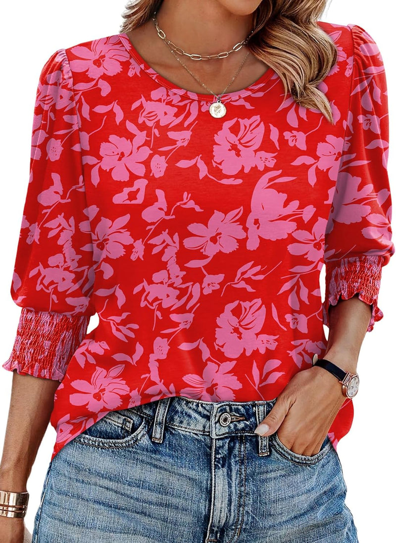 XIEERDUO Blouses for Women Dressy Casual 3/4 Length Sleeve Womens Tops with Smocked Cuffs-38