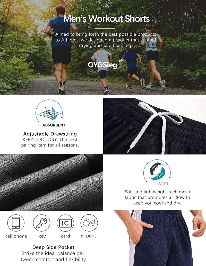 OYGSieg 6 Pack Mens Mesh Athletic Basketball Shorts Gym Shorts with Pockets, Quick Dry Workout Running Shorts Casual for Men