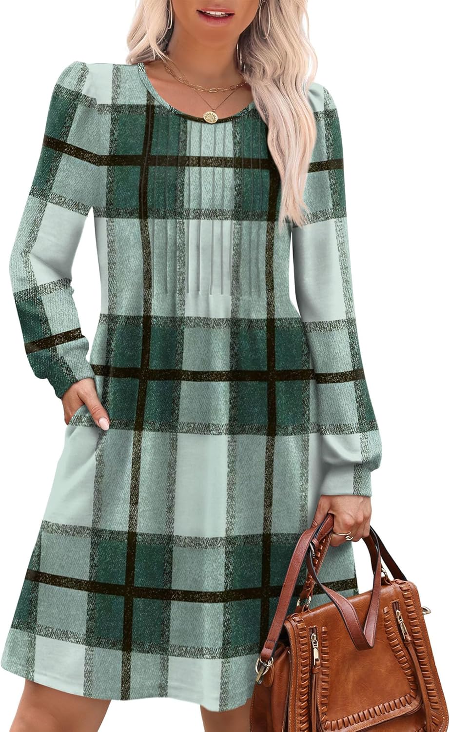 OFEEFAN Long Sleeve Dress for Women Pleated Crew Neck Casual Babydoll Sweater Dress with Pockets Fall Outfits Fashion-13