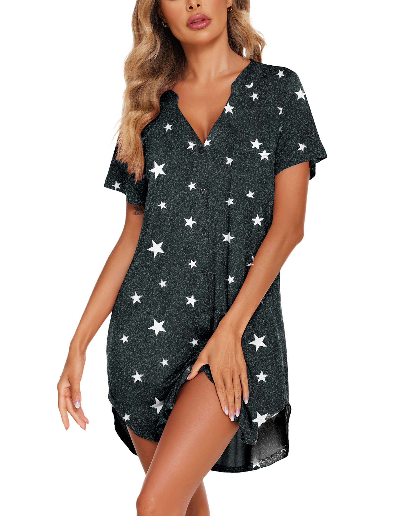 Ekouaer Women V Neck Button Down Nightgown-95