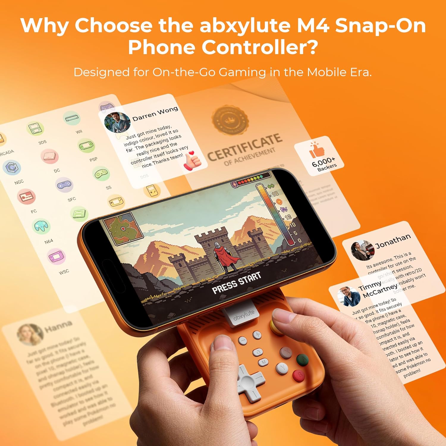 abxylute M4 Snap-On Mobile Gaming Controller for Android & iPhone, Lightweight Portable Phone Controller, Pocket-Sized Retro Emulator Gamepad Kickstand,Dual Joystick Turbo for Pro Gaming,Magnet Orange