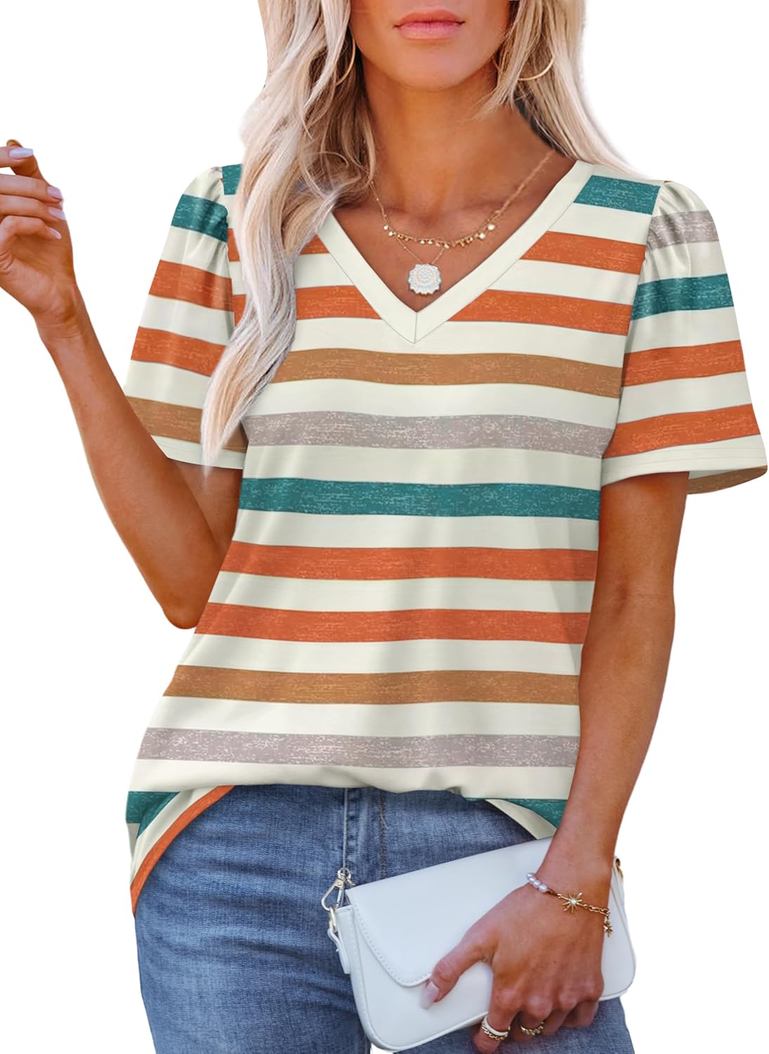 OFEEFAN T Shirts for Women V Neck Dressy Casual Blouses Puff Short Sleeve Summer Tops Loose Fit-29