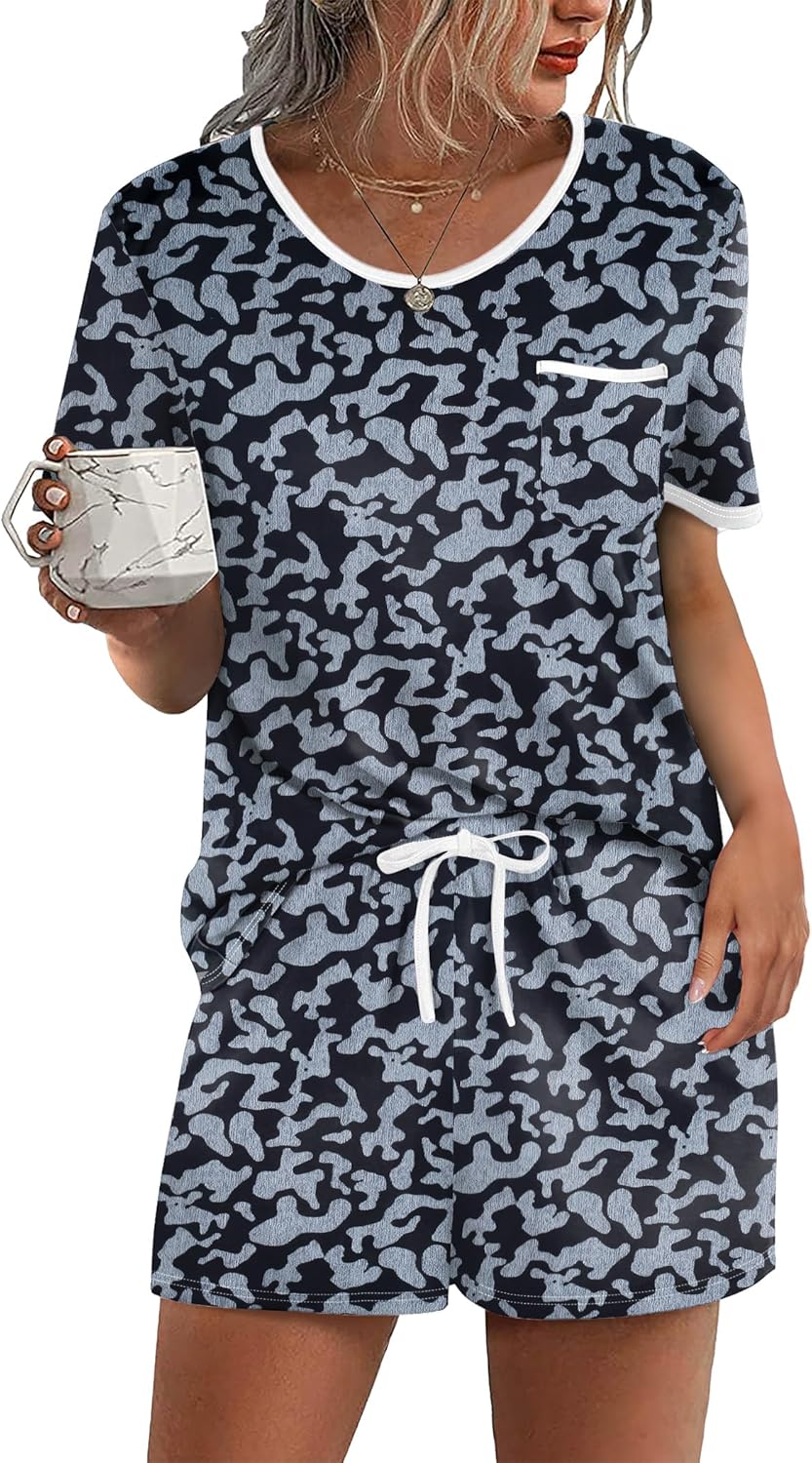 Ekouaer Pajama Set for Women 2 Piece Lounge Set Short Sleeve Tops and Shorts Soft Sleepwear, Chest Pocket-78