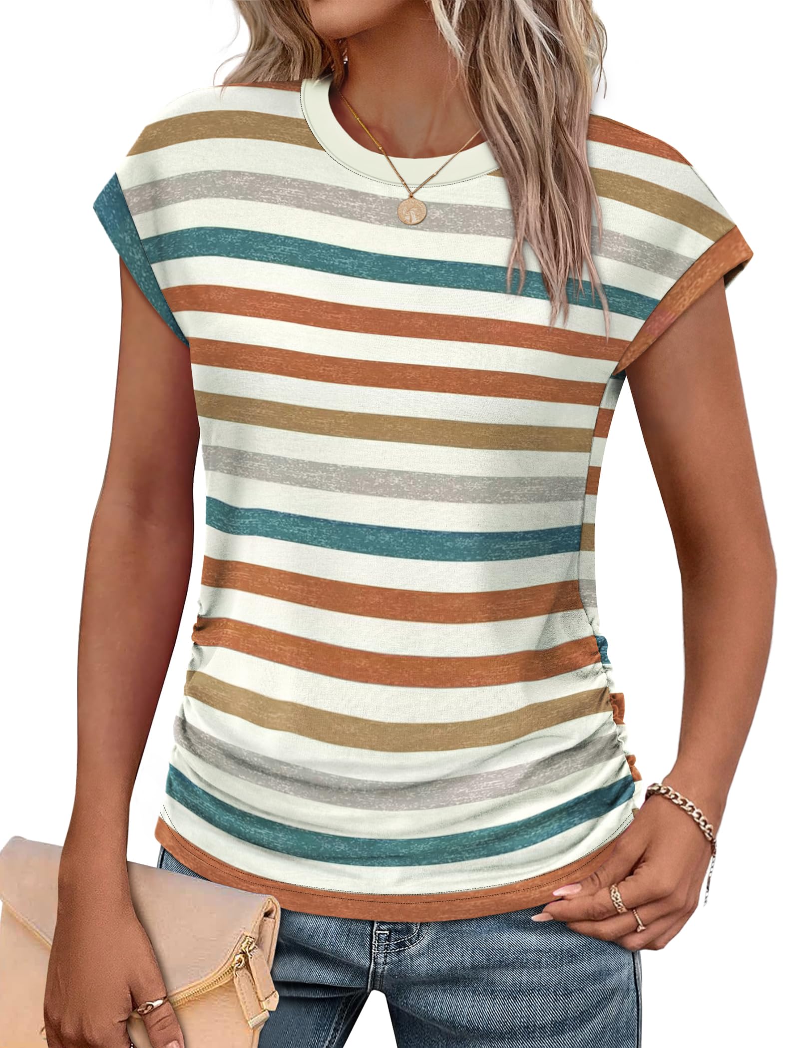 SAMPEEL Womens Summer Tops Trendy 2025 Ruched Cap Short Sleeve Tshirts Shirts Crew Neck T Shirts Fashion-55