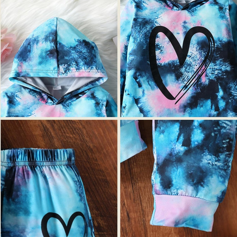 Toddler Baby Girls Clothes Long-sleeve Tie Dye Hoodie Pullover and Sweatpants Heart Print Hooded Outfits Set