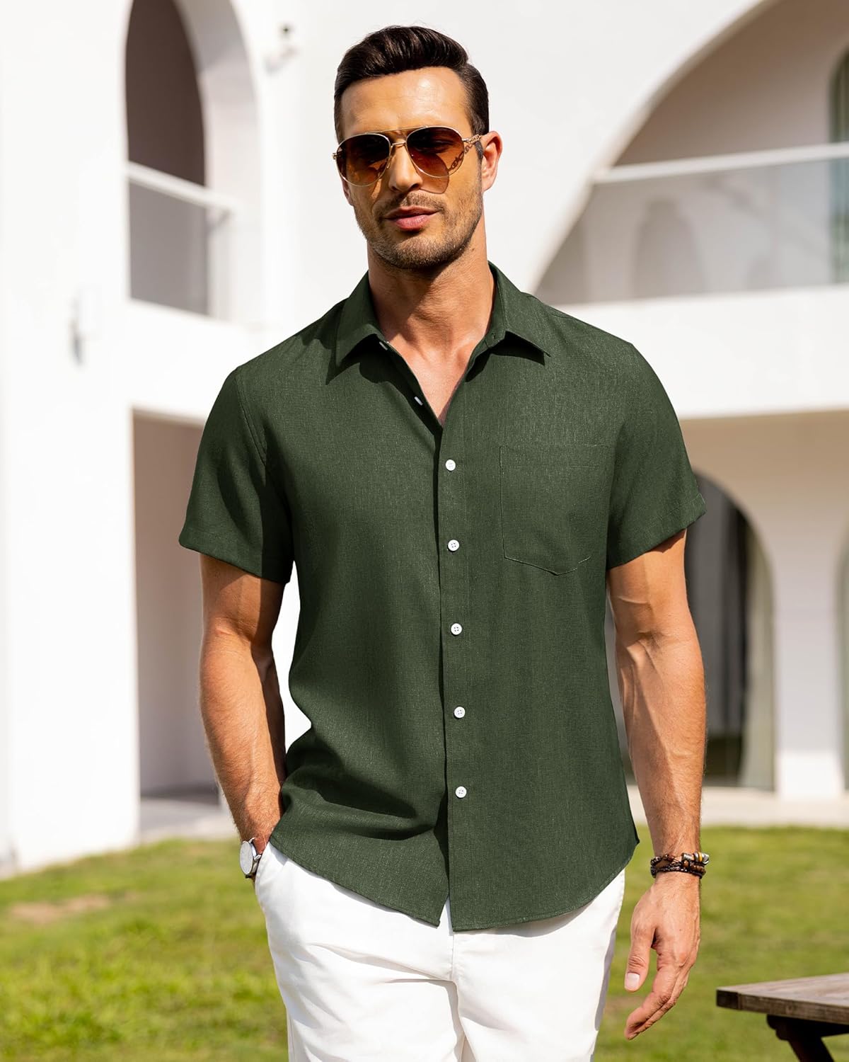 Alimens & Gentle Mens Linen Shirts Short Sleeve Button Down Shirts Wrinkle Free Casual Vacation Beach Summer Tops