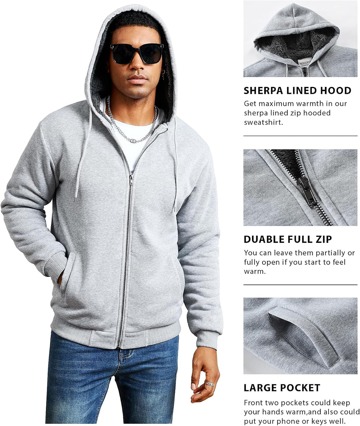 WINDFIT Men Sherpa Jacket Heavyweight Zip Hoodie Fleece Hooded