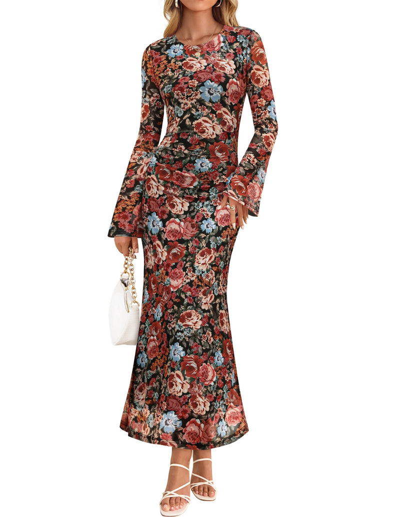 ZESICA Women's Long Sleeve Floral Bodycon Dress 2026 Spring Fall Ruched Mesh Wedding Guest Cocktail Party Maxi Dresses-13