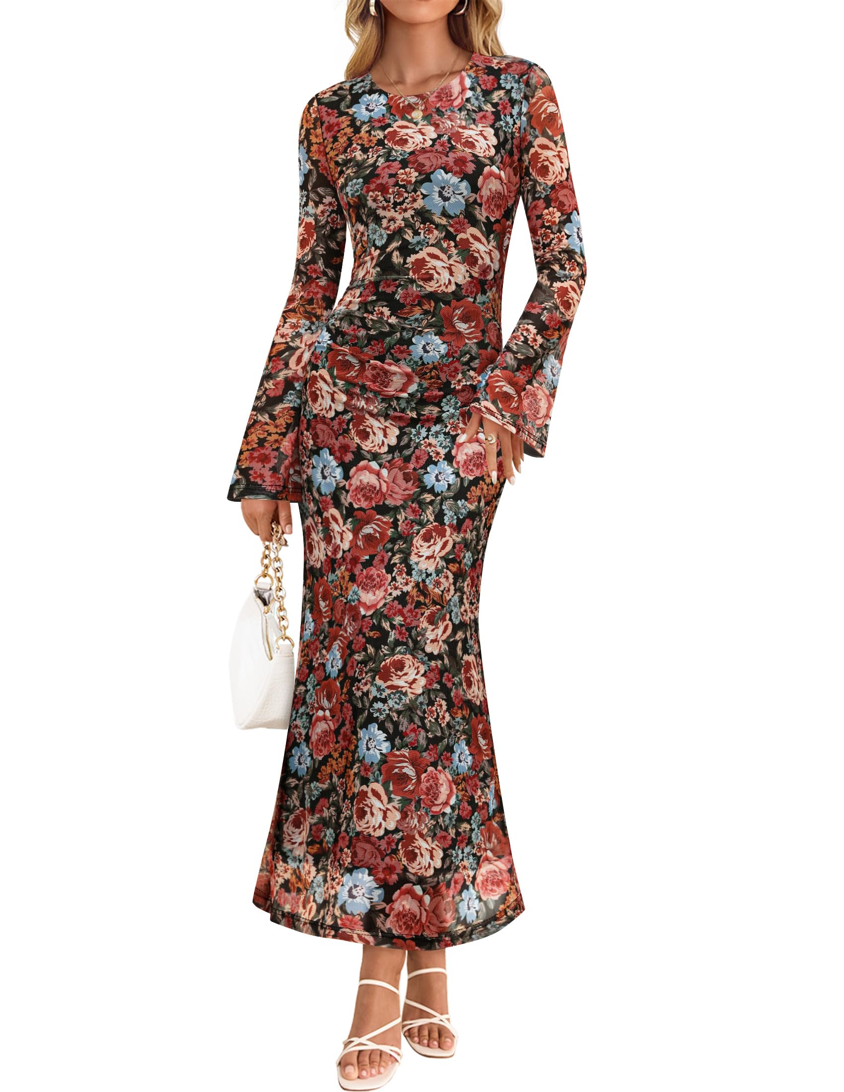 ZESICA Women's Long Sleeve Floral Bodycon Dress 2026 Spring Fall Ruched Mesh Wedding Guest Cocktail Party Maxi Dresses-29