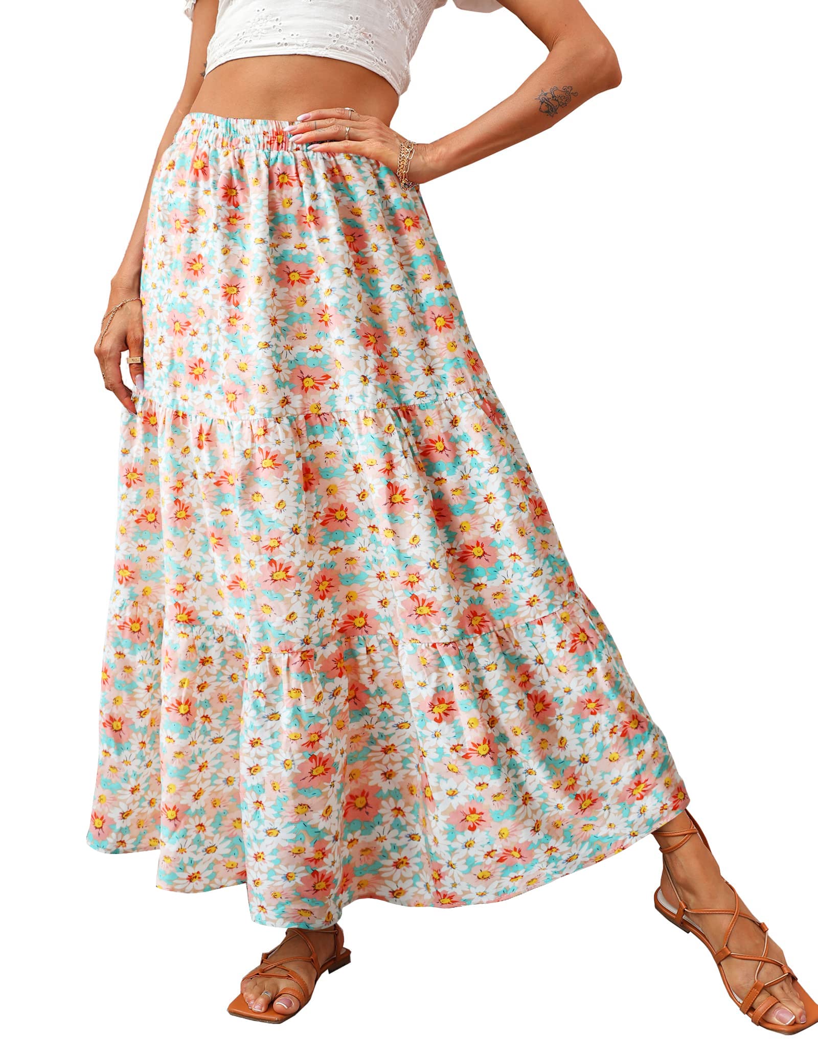 KIRUNDO Maxi Skirts for Women 2026 Summer Boho Floral High Waist Casual Flowy Long Skirt Beach Vacation Cruise Resort Wear