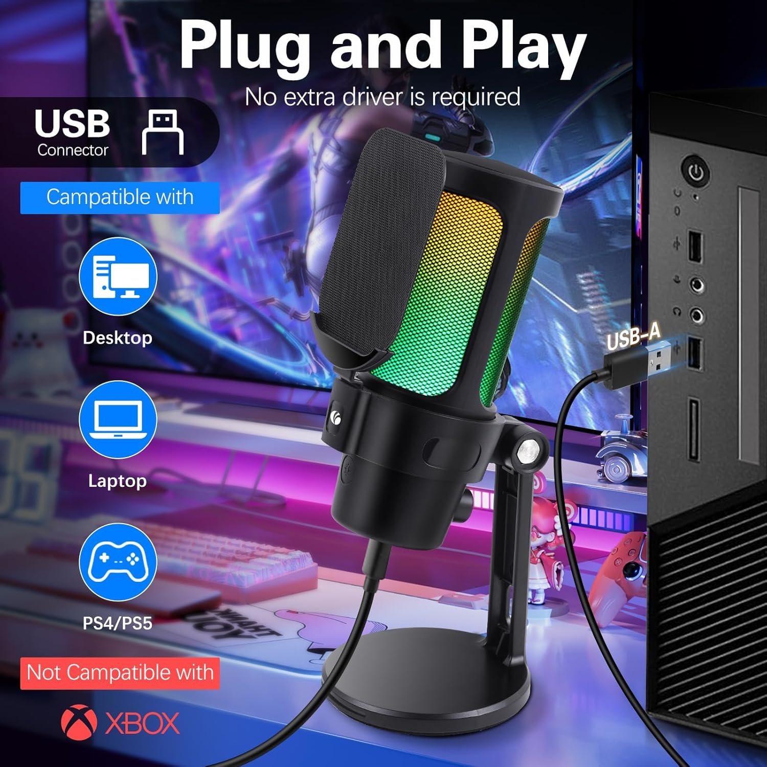 VCOM Gaming USB Microphone, Condenser Dynamic Mic for Podcasting, Streaming, with Quick Mute, Desktop Stand, Pop Filter, RGB Indicator, Shock Mount, Rotate gain Button, Compatible with PS4/5/PC