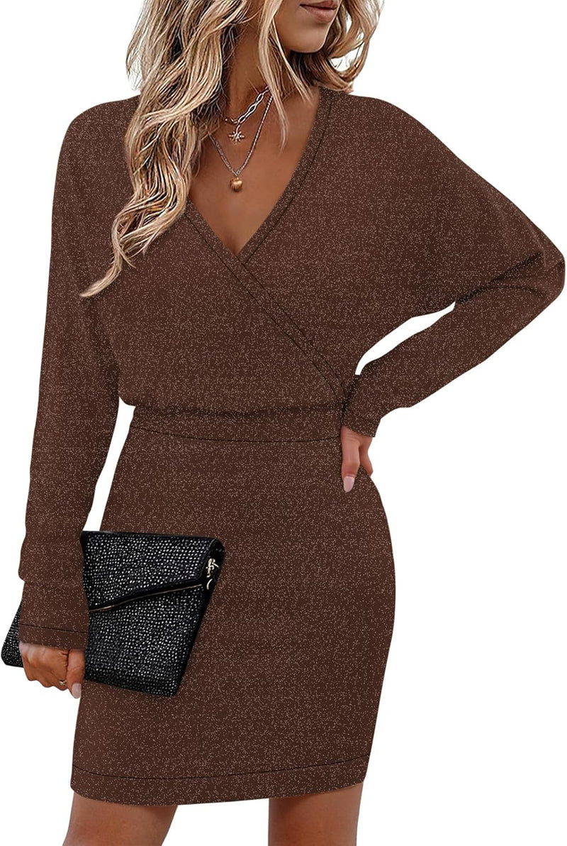 Bebonnie Womens Sexy V Neck Batwing Sleeve Sparkly Cocktail Party Sweater Dresses Holiday Bodycon Midi Dress-15