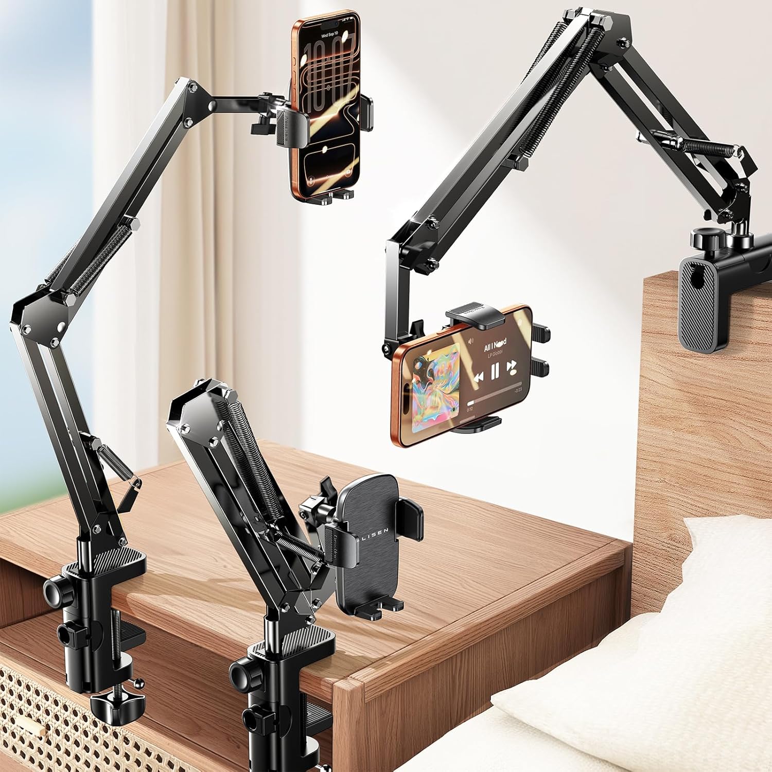 LISEN Gooseneck Phone Holder for Bed Desk [3rd Upgrade] Cell Phone Stand for Desk Bed Gaming Accessories,Gifts for Men Senior Kids Tech Mount for Recording Filming Laying Down Flexible Magic Arm Clamp