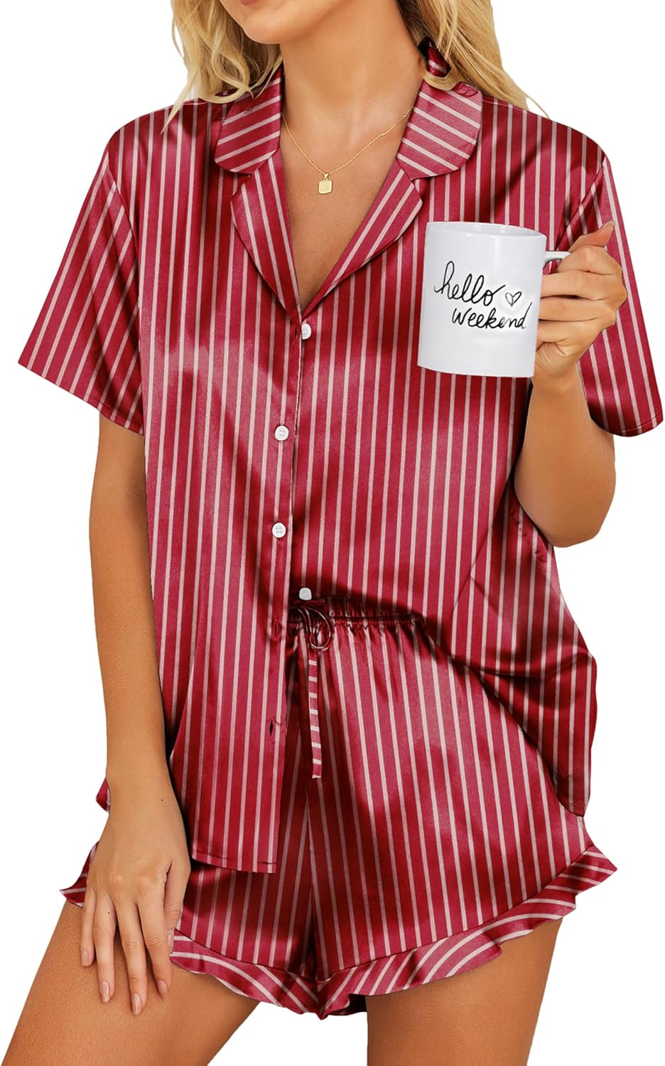 Ekouaer Womens Satin Pajamas Set Button Down 2 Piece Silk Pjs Shorts Set Ruffle Lingerie Notch Collar Sleepwear-37