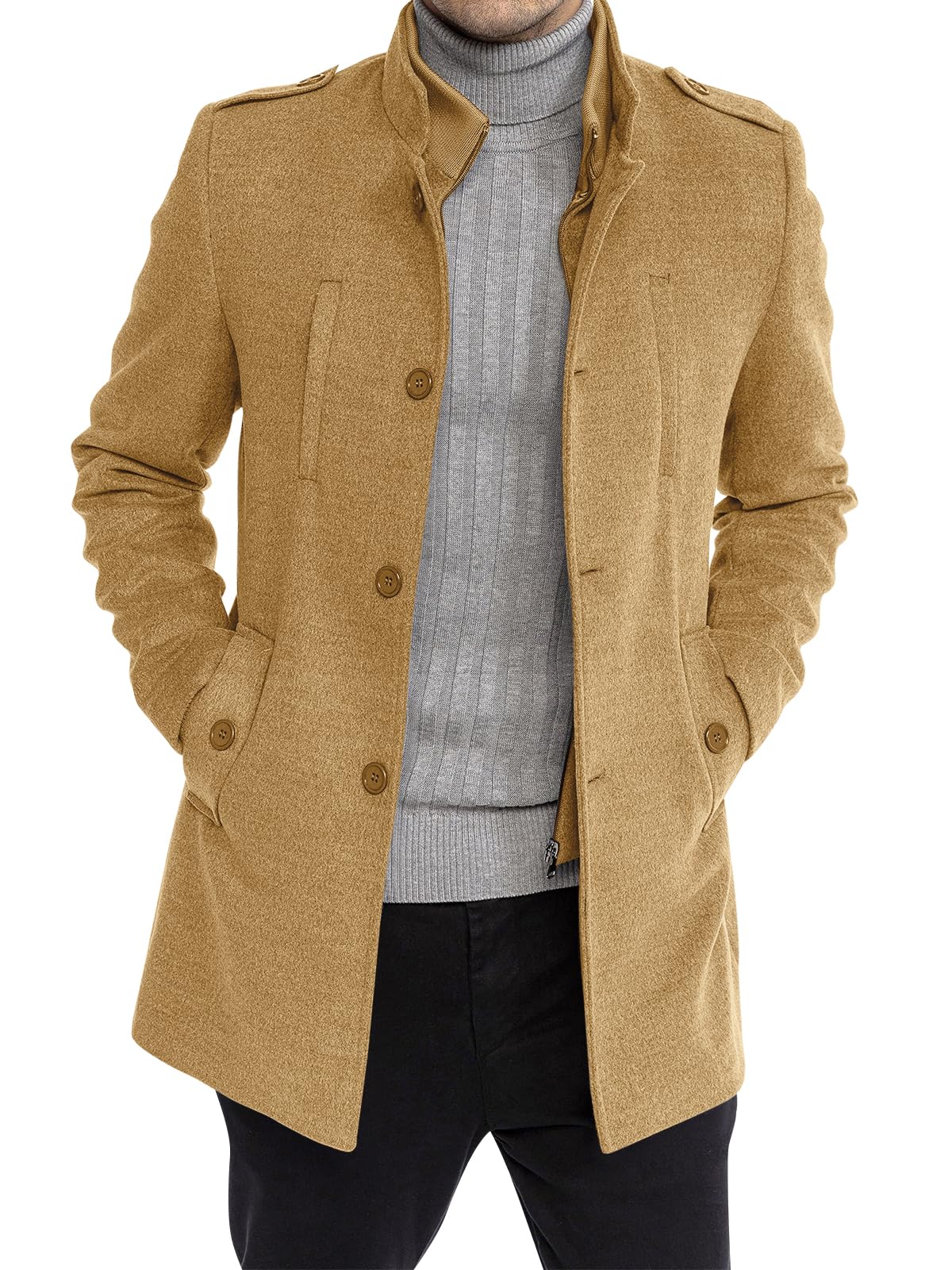 Karlywindow Mens Trench Coat Long Sleeve Stand Collar Single Breasted Pea Coat Casual Mid Long Slim Fit Overcoat with Pockets