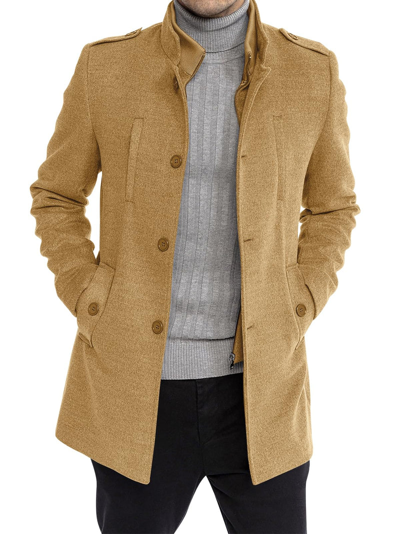 Karlywindow Mens Trench Coat Long Sleeve Stand Collar Single Breasted Pea Coat Casual Mid Long Slim Fit Overcoat with Pockets-20