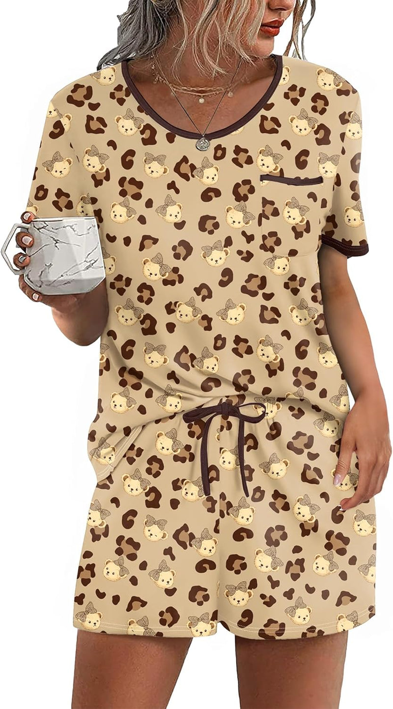 Ekouaer Pajama Set for Women 2 Piece Lounge Set Short Sleeve Tops and Shorts Soft Sleepwear, Chest Pocket-94