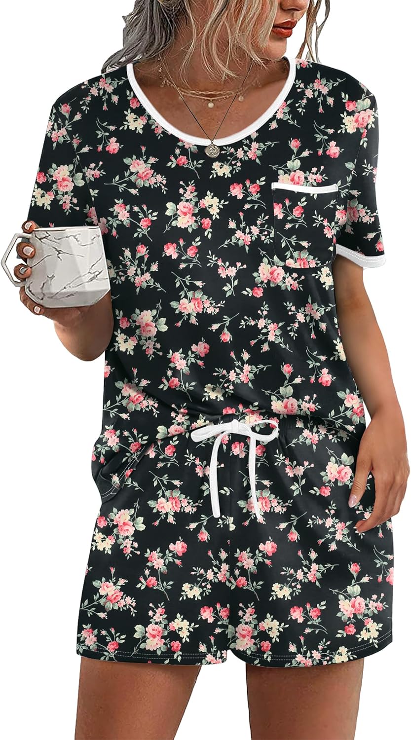 Ekouaer Pajama Set for Women 2 Piece Lounge Set Short Sleeve Tops and Shorts Soft Sleepwear, Chest Pocket-98