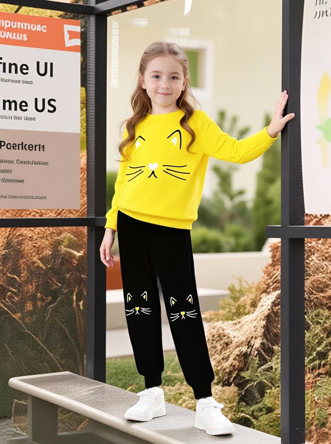 4-8T Toddler Girl Clothes Cat face print Short Sleeve Top+Pants Outfits Girl Spring and summer 2-Piece Set