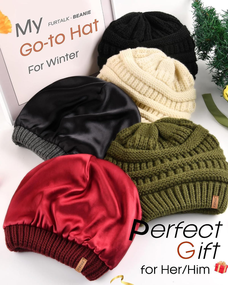 FURTALK Womens Slouchy Winter Beanie Knit Hat Satin Lined 3 Pack Skull Cap