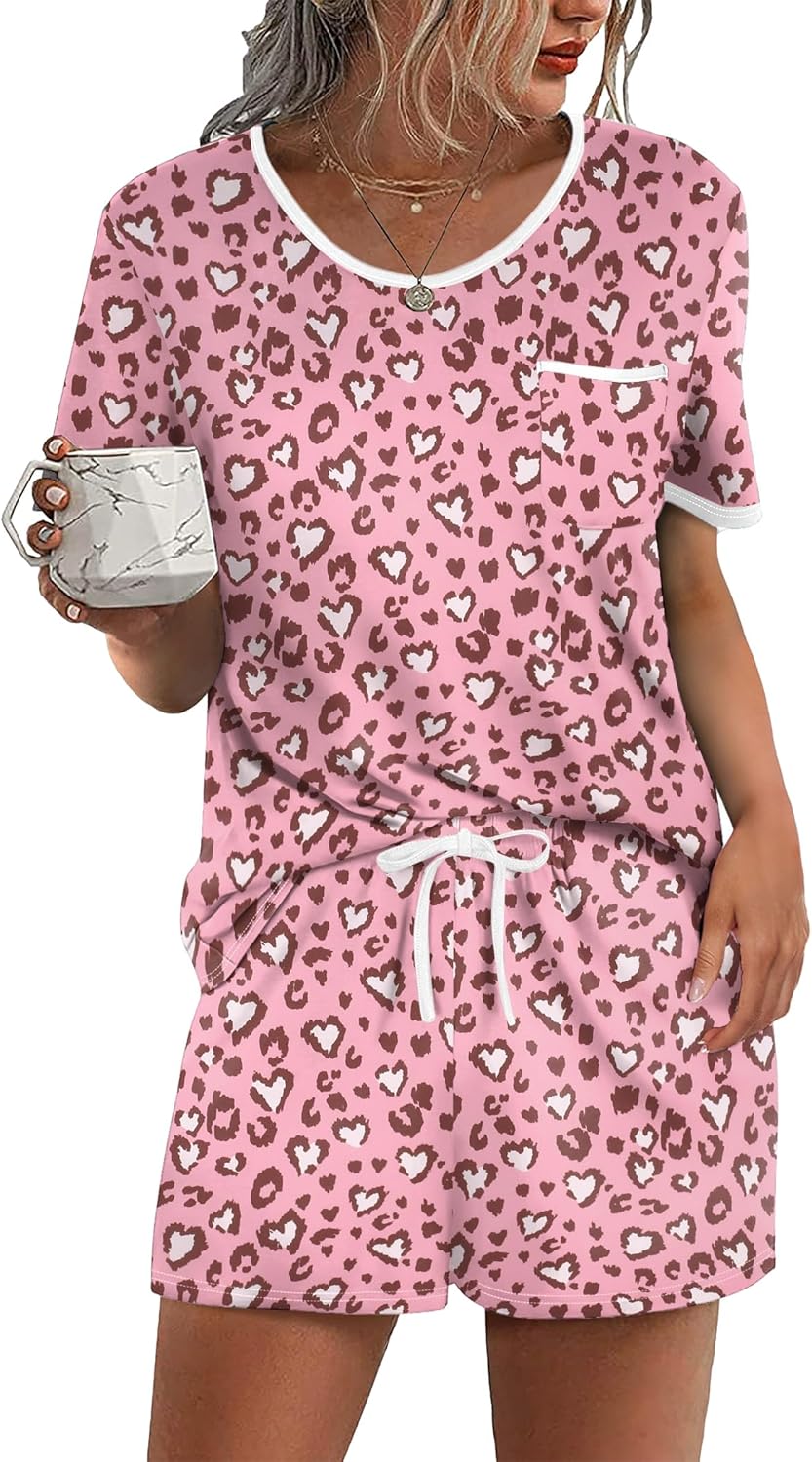 Ekouaer Pajama Set for Women 2 Piece Lounge Set Short Sleeve Tops and Shorts Soft Sleepwear, Chest Pocket-67
