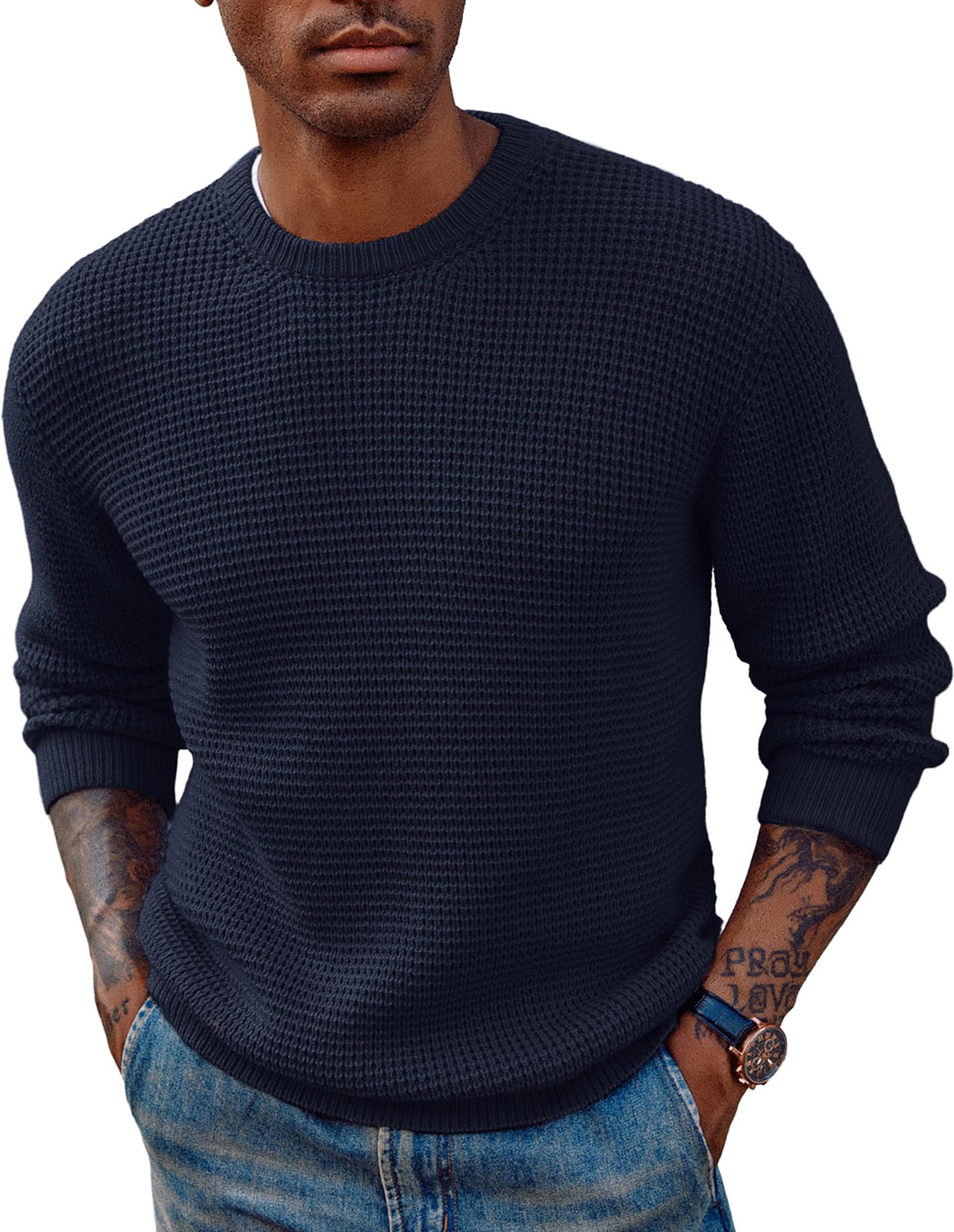 PJ PAUL JONES Mens Pullover Sweater Waffle Textured Long Sleeve Knitted Sweaters-57