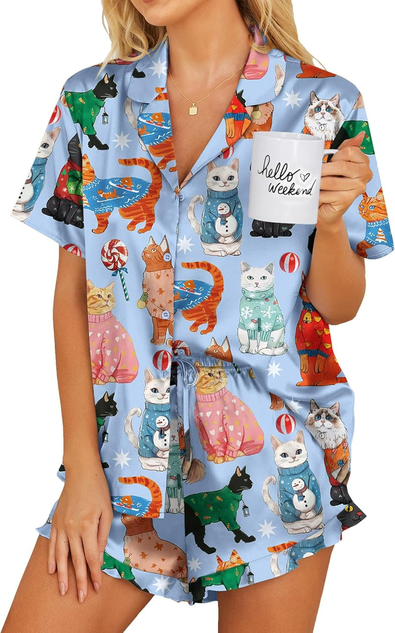 Ekouaer Womens Satin Pajamas Set Button Down 2 Piece Silk Pjs Shorts Set Ruffle Lingerie Notch Collar Sleepwear-69