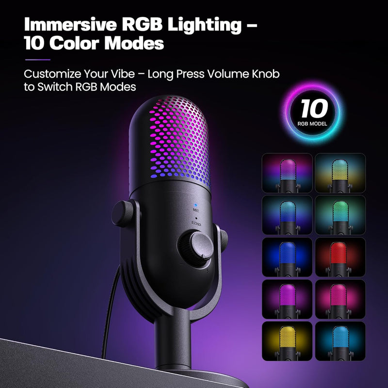 USB Microphone for PC Gaming: Condenser Microphone RGB for Gamer with Stand Mic - Recording Mic for Computer&Laptop with Qiuck Mute - Desk Podcast Mic for Podcast & Singing & Streaming & Youtube Black