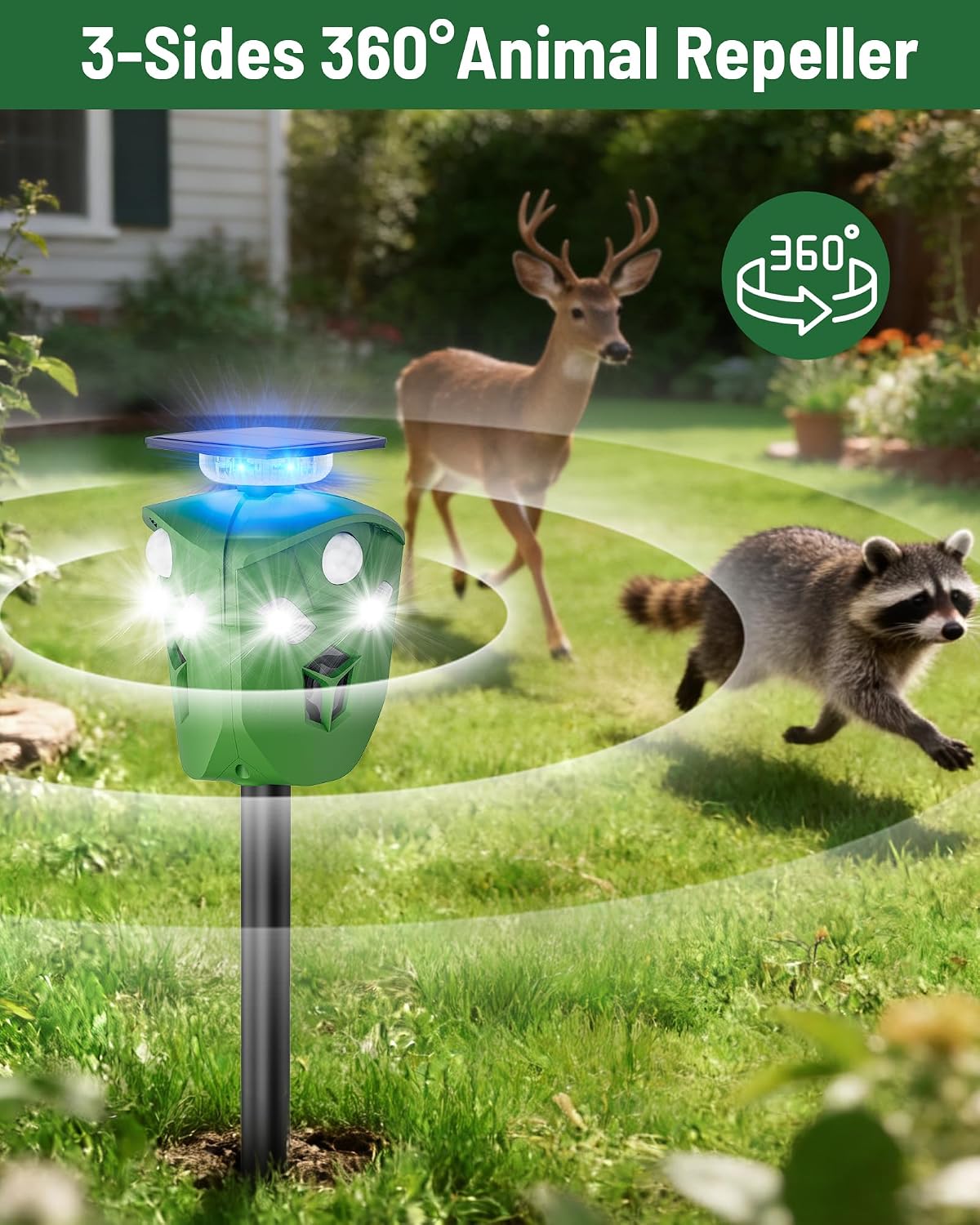 360° Solar Animal Repellent for Yard & Garden – No Blind Spot Motion Sensor to Keep Deer, Raccoons & Cats Away, Waterproof Ultrasonic & Flashing Light Outdoor Deer Repellent Device