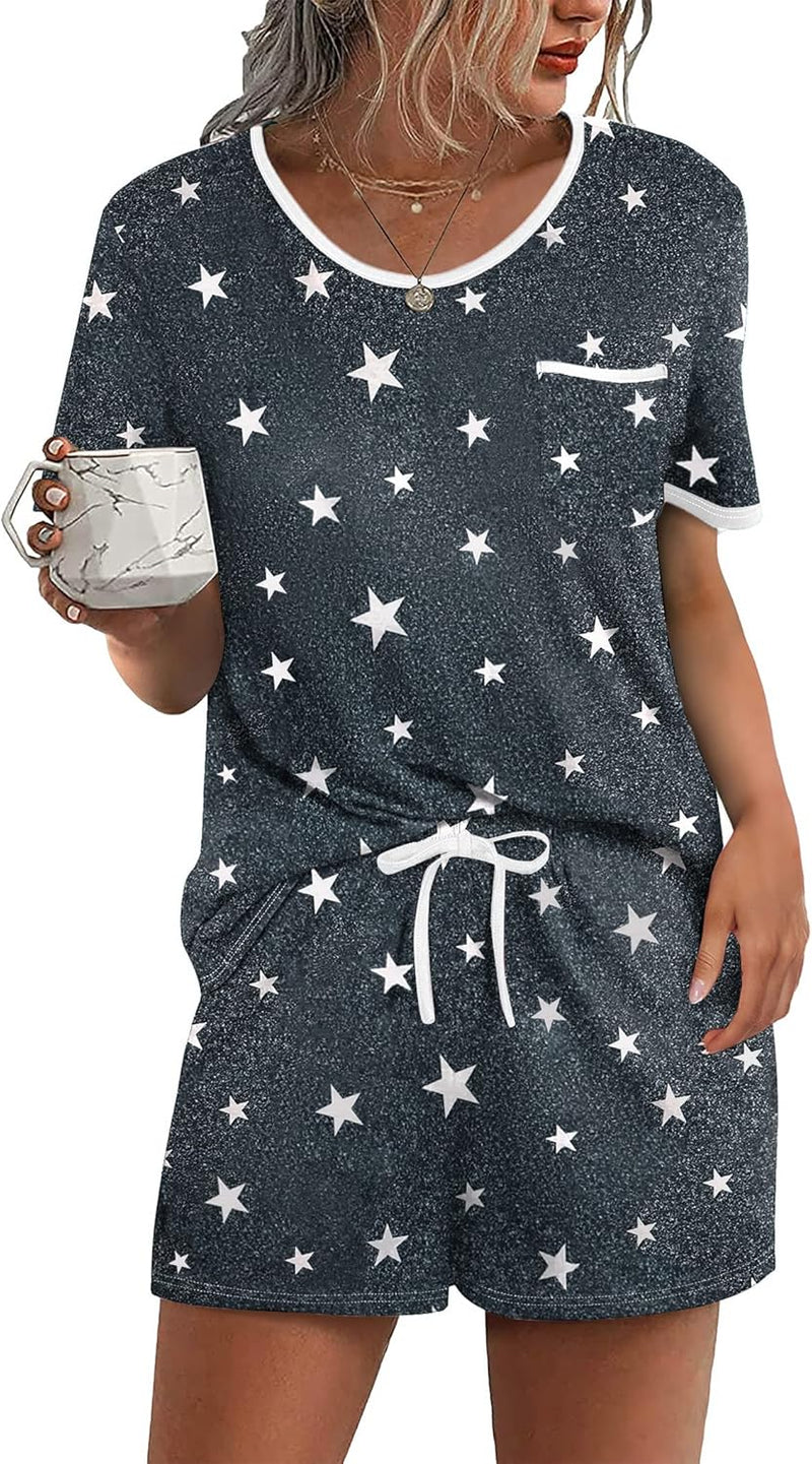 Ekouaer Pajama Set for Women 2 Piece Lounge Set Short Sleeve Tops and Shorts Soft Sleepwear, Chest Pocket-7