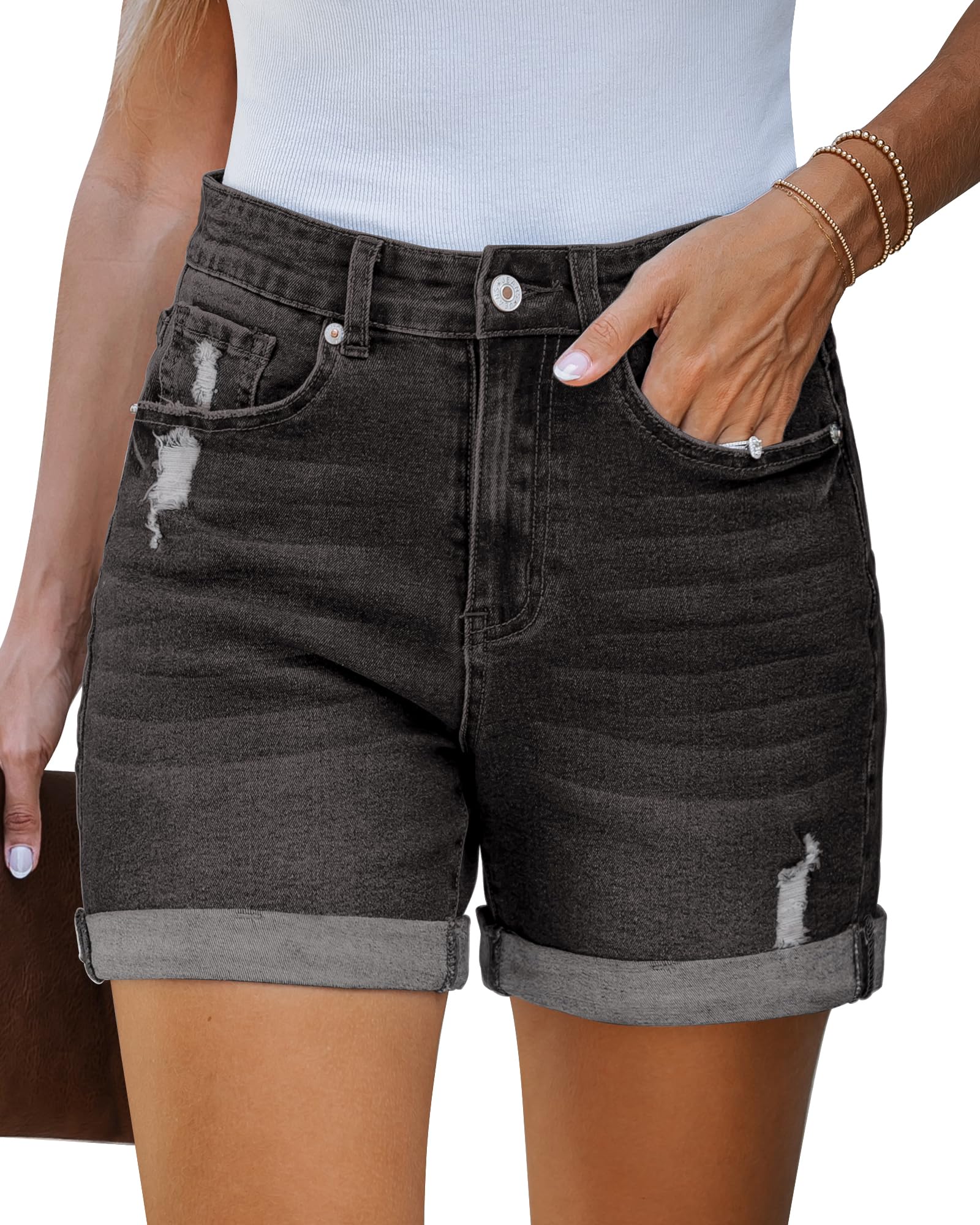 LookbookStore Jean Shorts Womens Stretchy High Waisted Ripped Denim Shorts with Pockets Trendy Distressed Cut Off Shorts