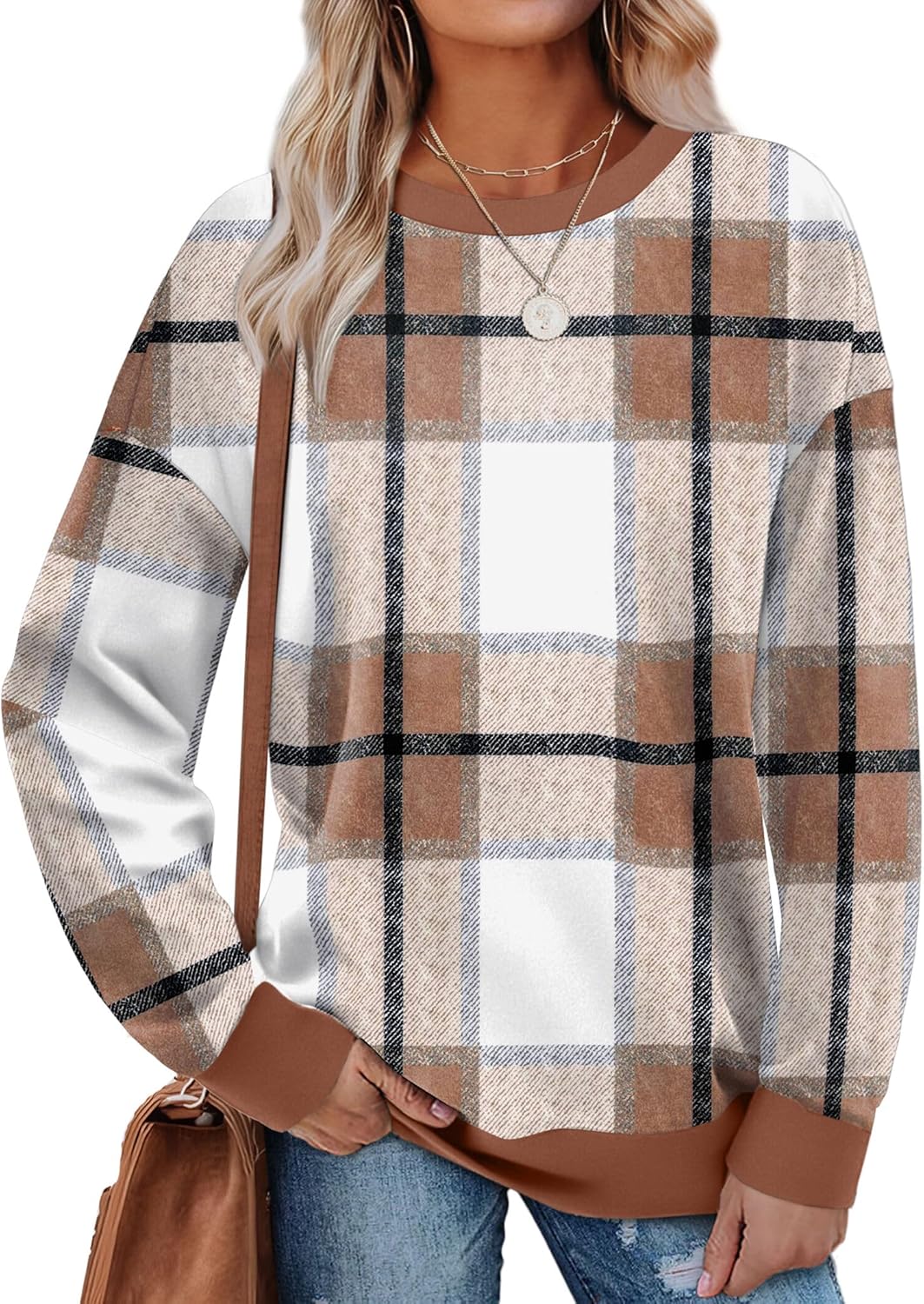 Saloogoe Sweatshirts for Women Crewneck Long Sleeve Loose Fit Tops Color Block Ribbed Trim Fashion 2025-41