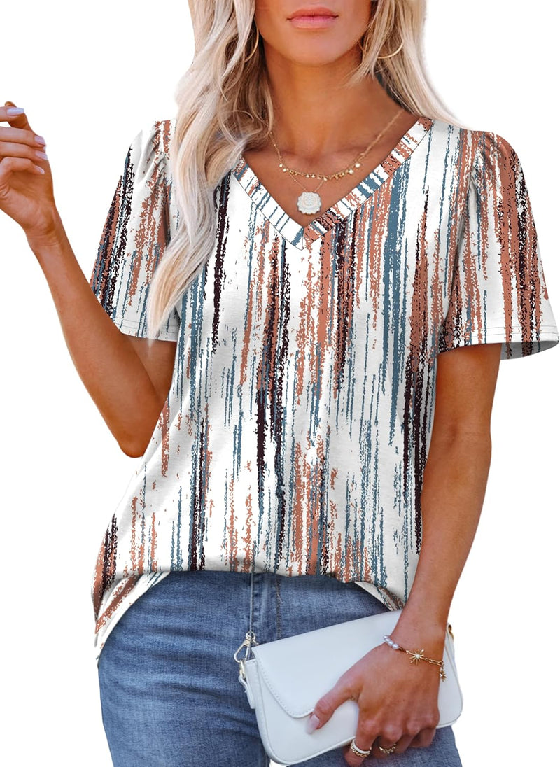 OFEEFAN T Shirts for Women V Neck Dressy Casual Blouses Puff Short Sleeve Summer Tops Loose Fit-83