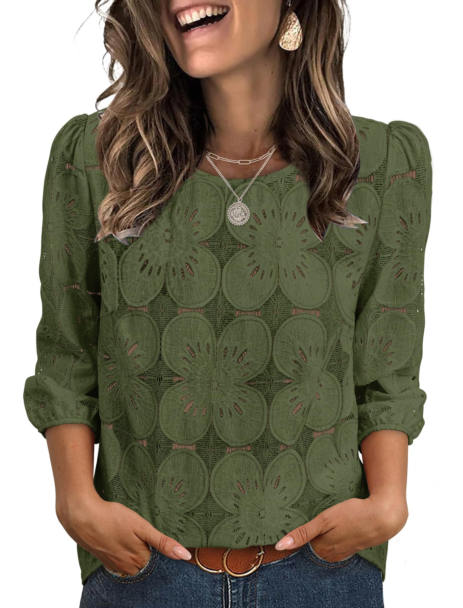 Sampeel Women Blouses Dressy Casual 3/4 Length Sleeve Tops Eyelet Lace Spring Summer Shirts Beach Vacation Clothes