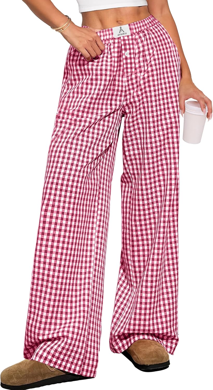 ANRABESS Womens Striped Gingham Pants 2026 Pajama Lounge Boxer Pants Cute Comfy PJ Bottoms with Pockets Y2K Plaid Outfits-1