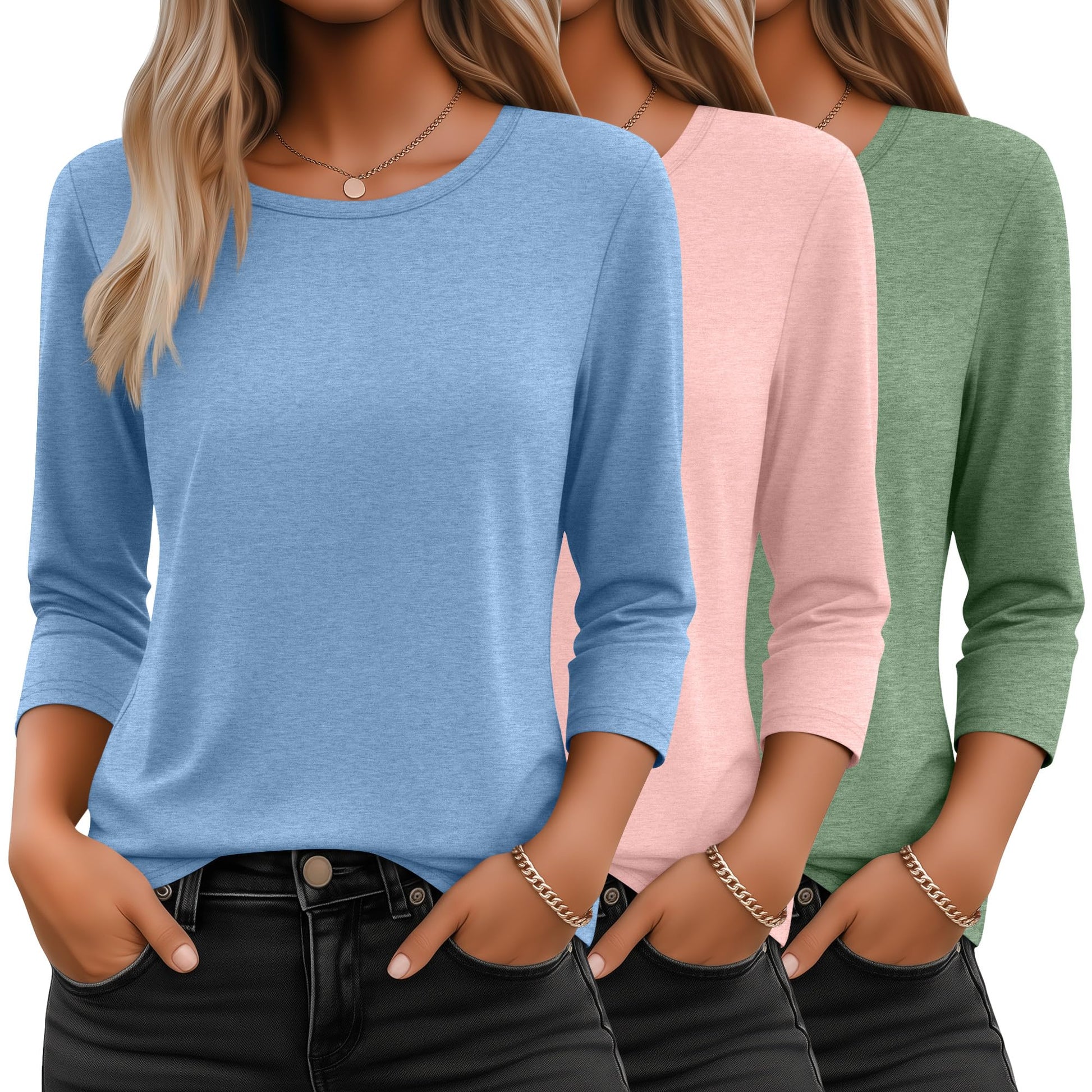 Ficerd 3 Pack 3/4 Sleeve Tops for Women Round Neck Dressy Basics Tees Casual Trendy Loose Fit T Shirts-51