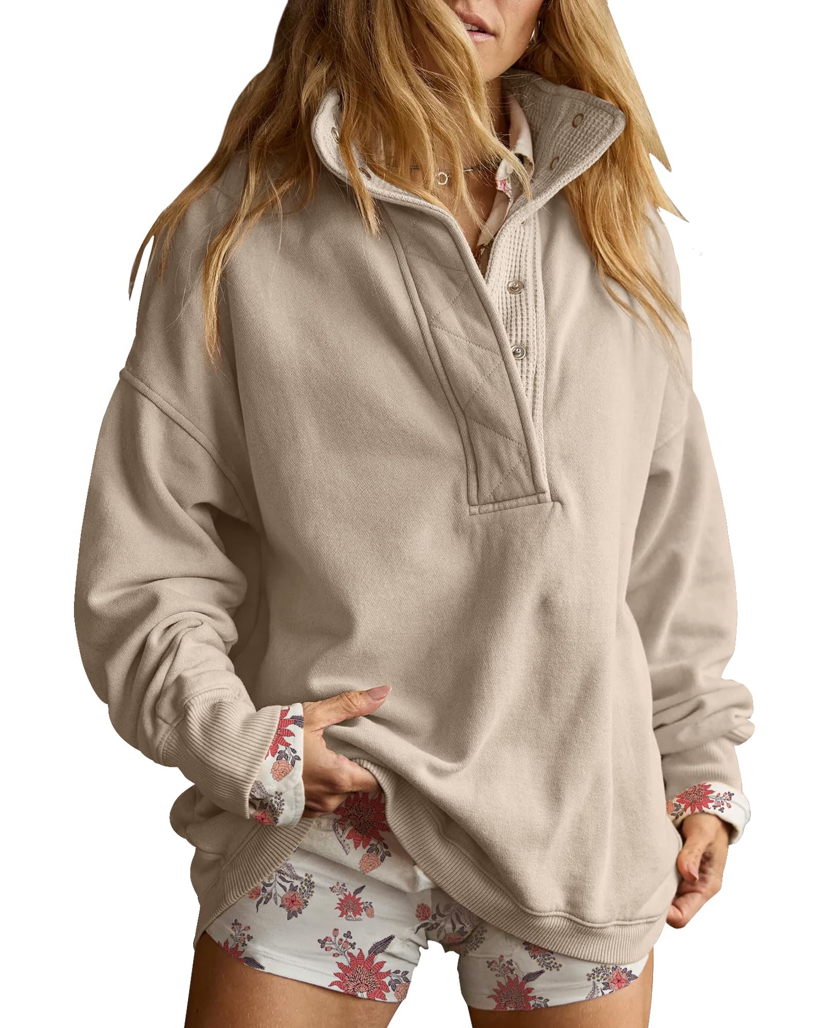 Gacaky Sweatshirt for Women Oversized Casual Long Sleeve Button Henley Neck Pullover Tops Fashion Outfits Clothes-86