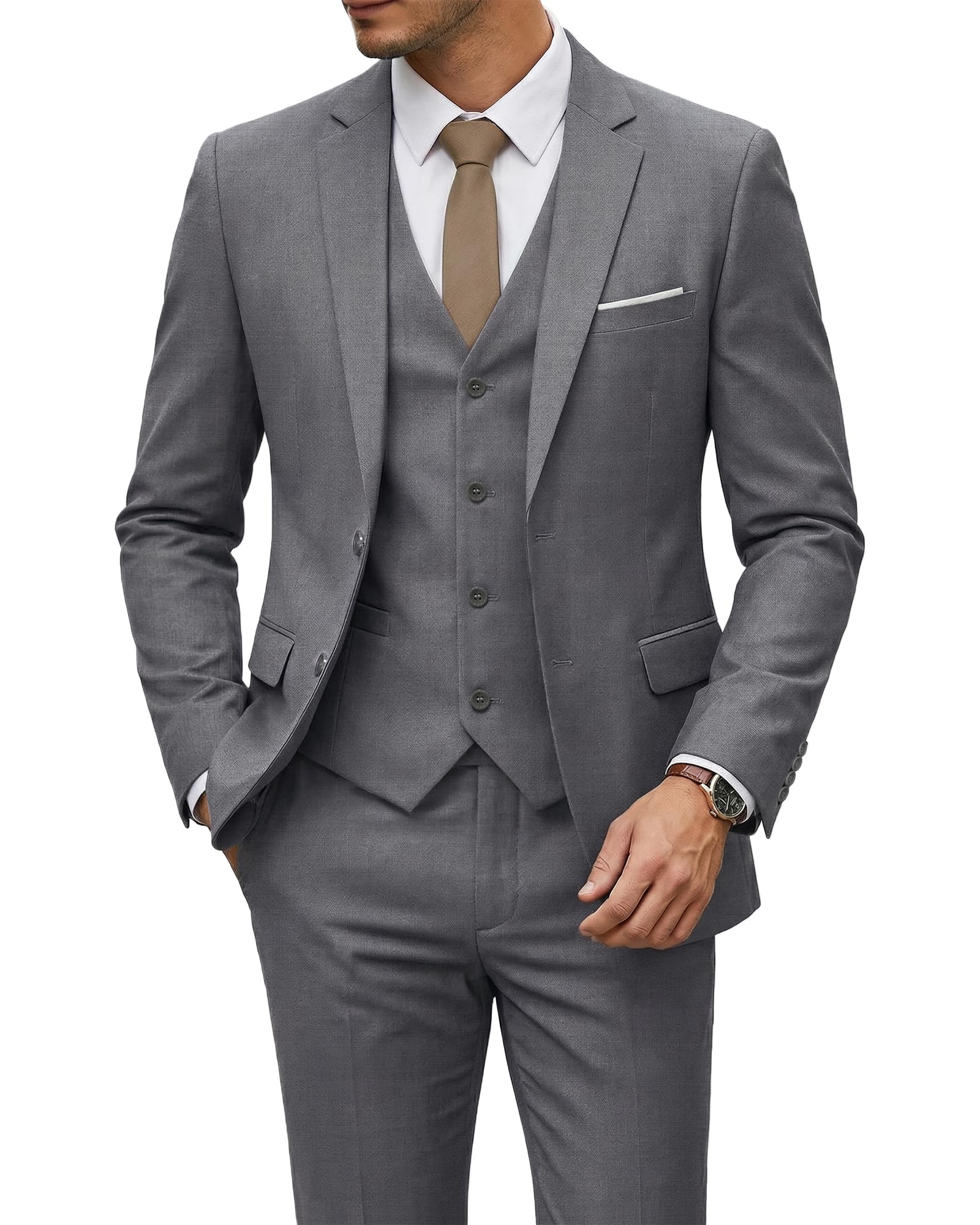 YND Men's 3 Piece Suit Set with Tie, 2 Button Slim Fit Solid Blazer Jacket Vest Pants, Business Wedding Party Suits for Men-70
