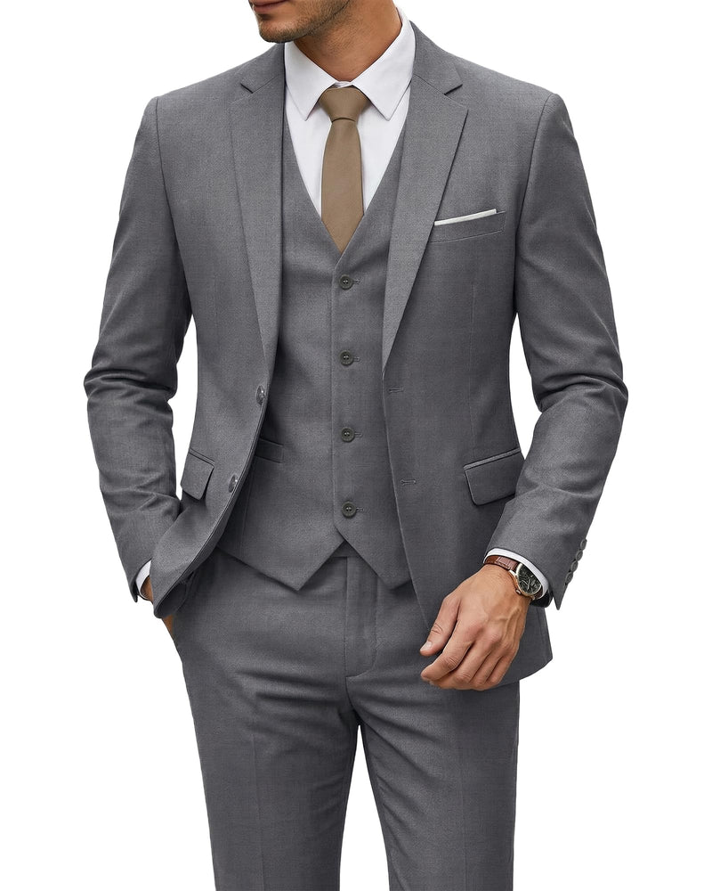 YND Men's 3 Piece Suit Set with Tie, 2 Button Slim Fit Solid Blazer Jacket Vest Pants, Business Wedding Party Suits for Men-70
