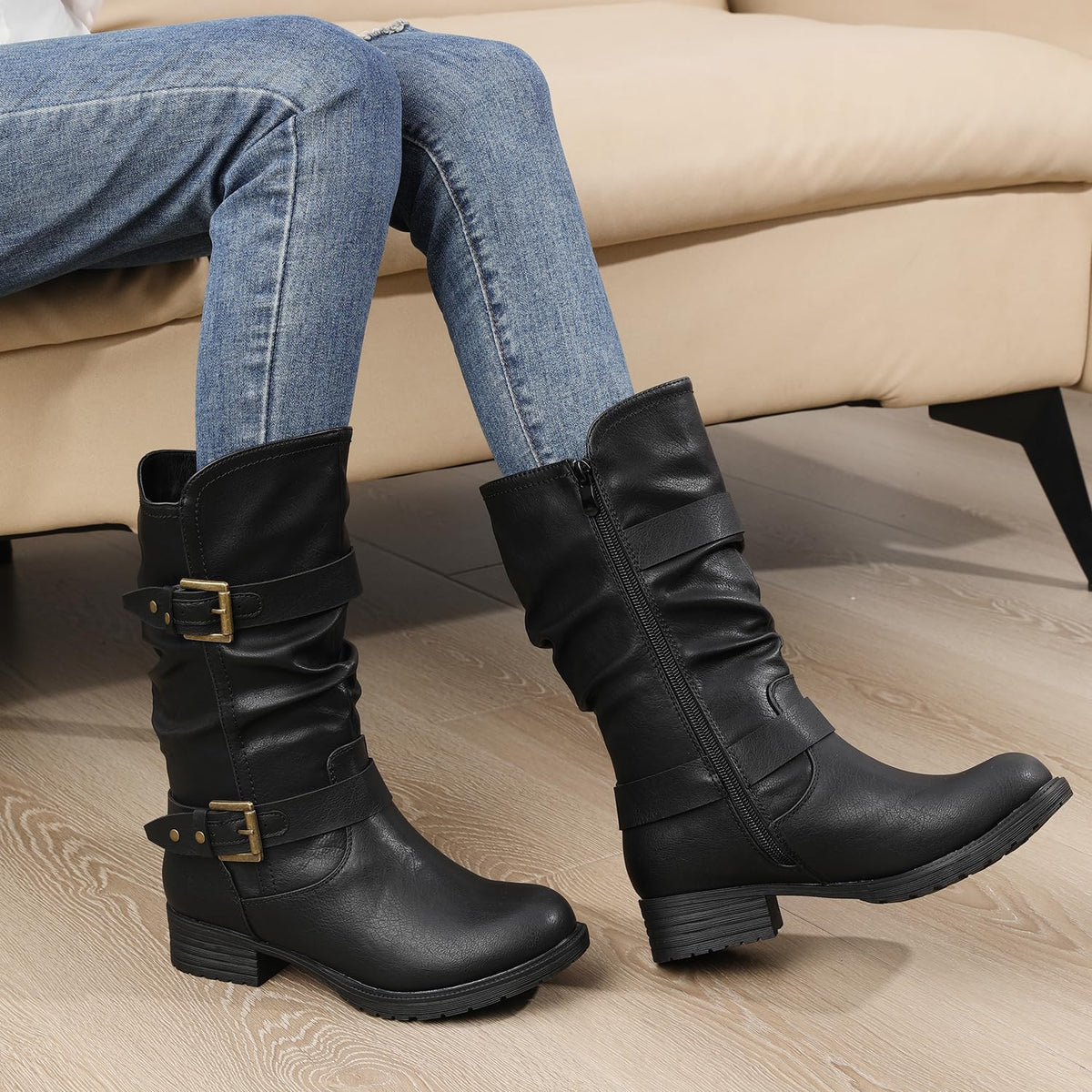 GLOBALWIN Women's Mid Calf Moto Boots With Buckle Straps