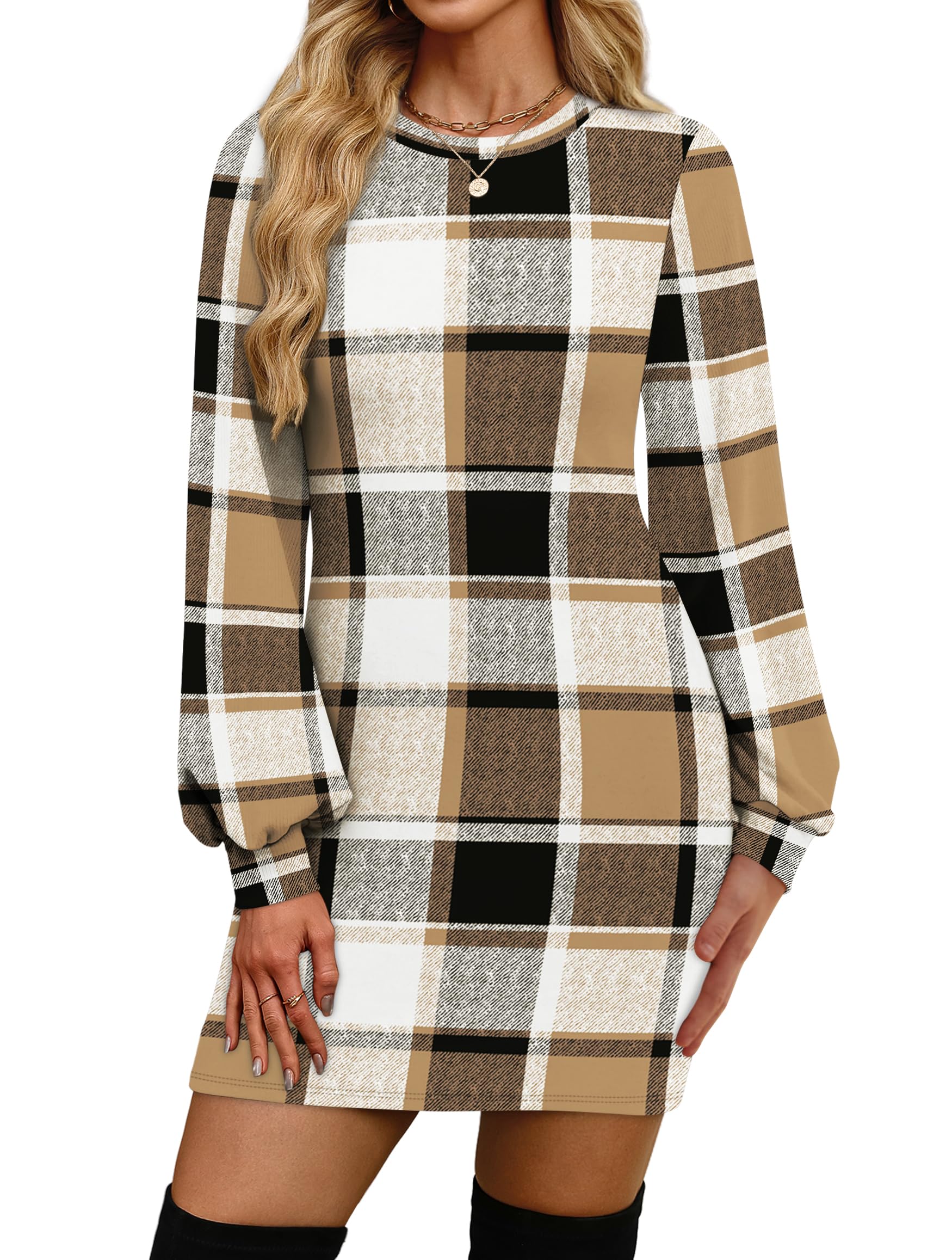 OFEEFAN Sweater Dresses for Women 2025 Fall Winter Puff Long Sleeve Crewneck Bodycon Fleece Ribbed Pullover Fashion Clothing-53