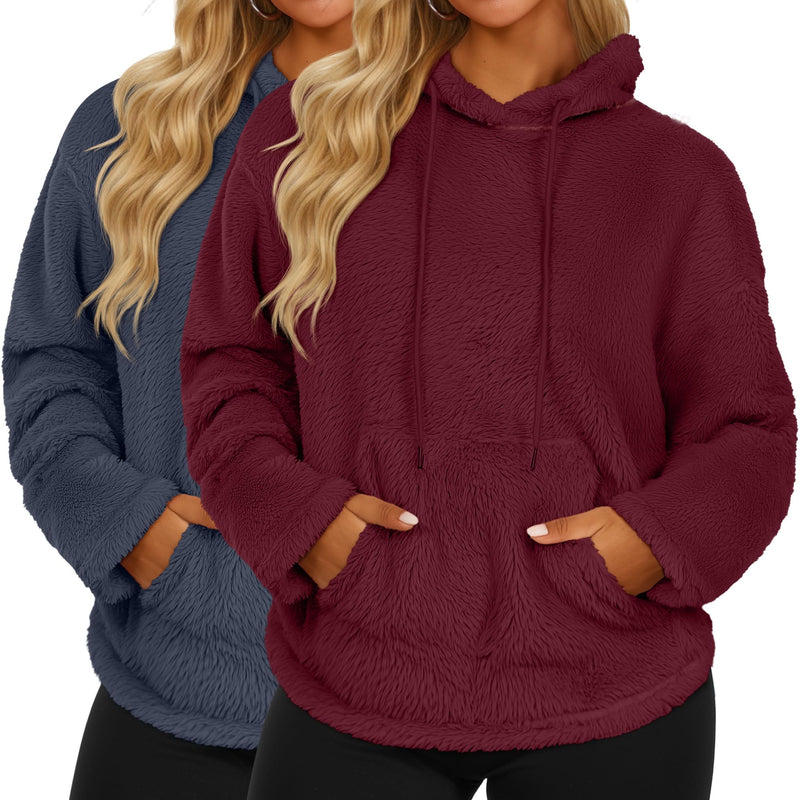 2 Pack Women's Double Fuzzy Fleece Hoodies, Kangaroo Pocket Pullover Winter Drawstring Oversized Loose Sweatshirts-2