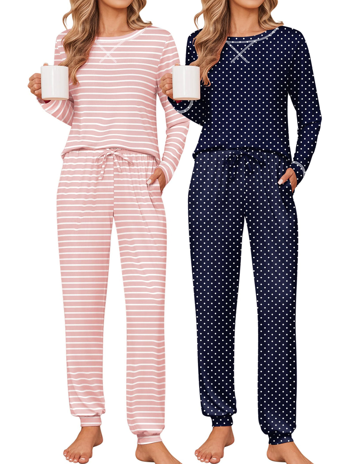 Ekouaer 2 Pack Pajama Sets for Women Long Sleeves Lounge Set Jogger Pants