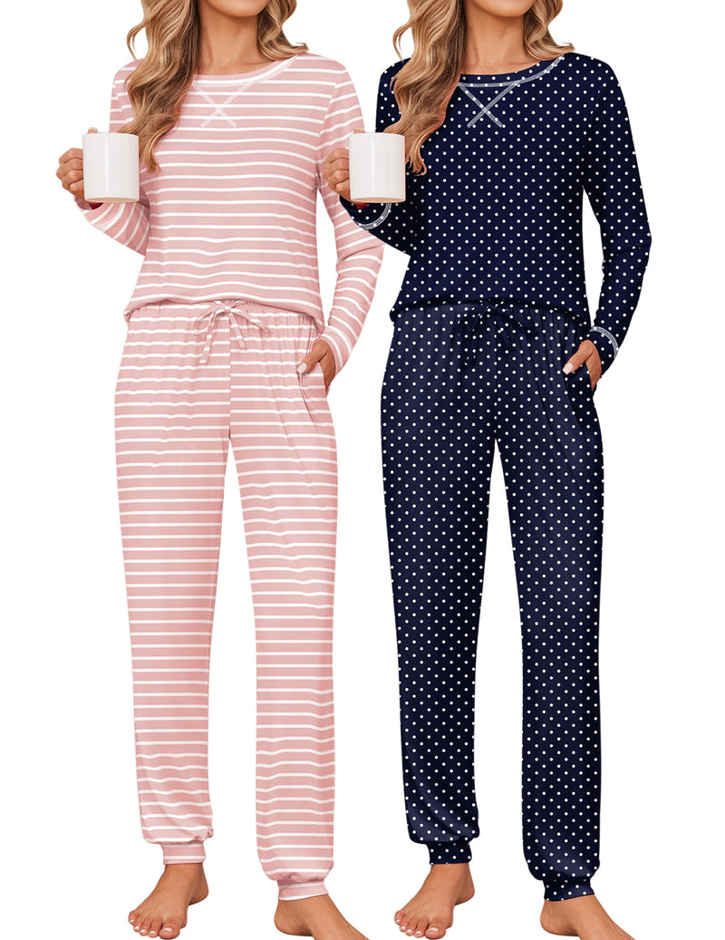 Ekouaer 2 Pack Pajama Sets for Women Long Sleeves Lounge Set Jogger Pants