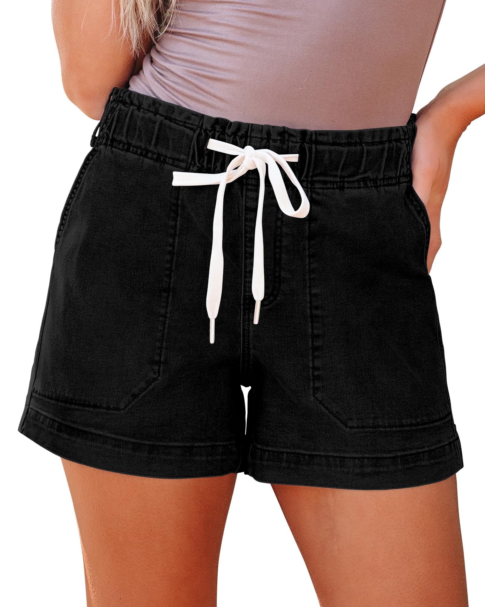 luvamia Jean Shorts for Women High Waisted Pull On Drawstring Elastic Waist Trendy Stretchy Denim Jorts Summer Shorts