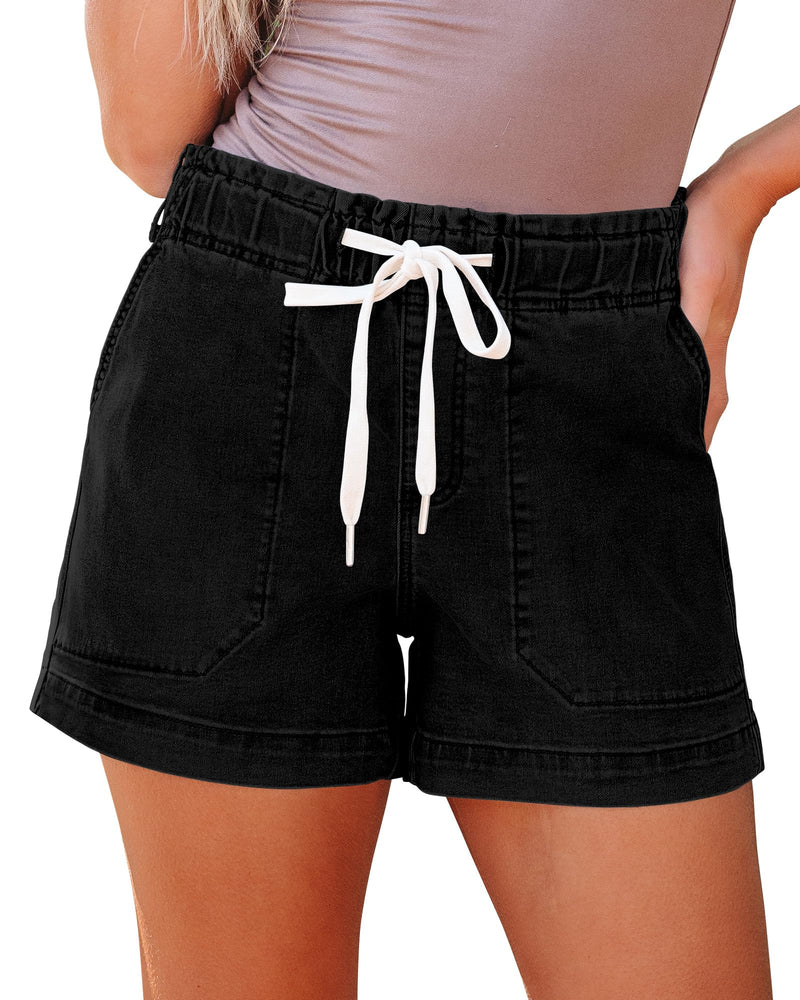 luvamia Jean Shorts for Women High Waisted Pull On Drawstring Elastic Waist Trendy Stretchy Denim Jorts Summer Shorts